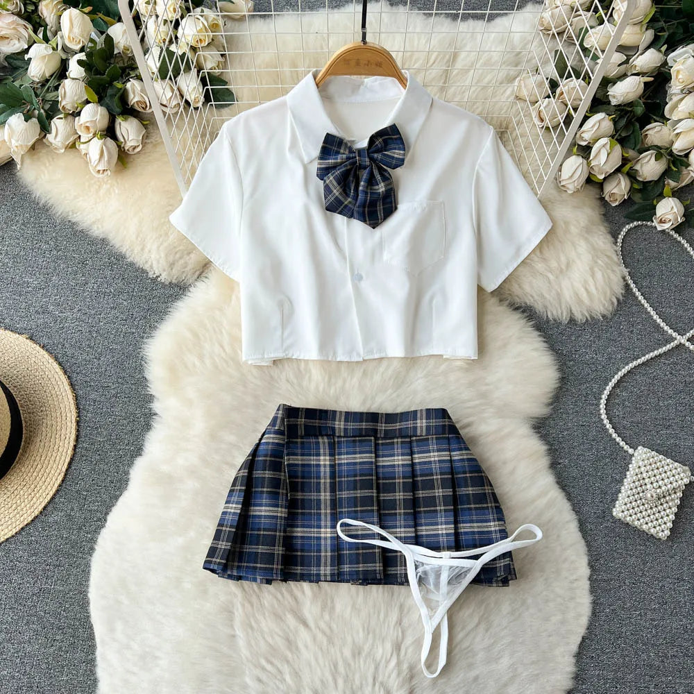 Cosplay   Outfit Women Lapel Neck Short Shirt+Plaid Mini Skirt+Thongs  2023 Preppy Style Sexy Nightwear Wanita