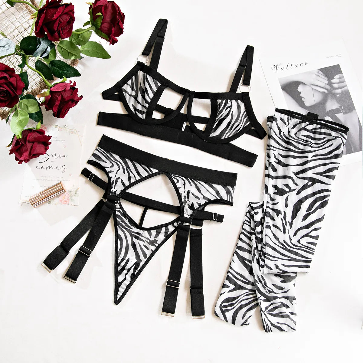 Zebra Sexy Stockings Lingerie Cup Out Bra Brazilian Intimate Set Fantasy Costume Matching G-String Outfits