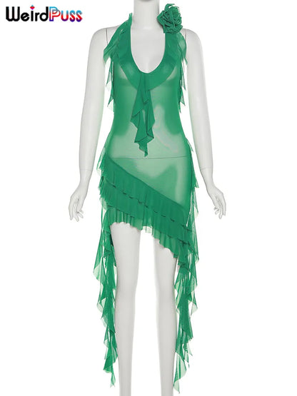 Weird Puss-vestido de fiesta con borlas para mujer, escote en V profundo, sin mangas, volantes, ajustado, transparente, elástico Irregular, ceñido al cuerpo, verano 2023