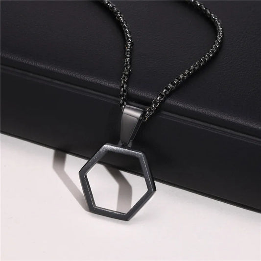 KOTiK Punk Vintage Hollow Hexagon Necklaces for Men Women Black Stainless Steel Geometric Pendant Collar Jewelry