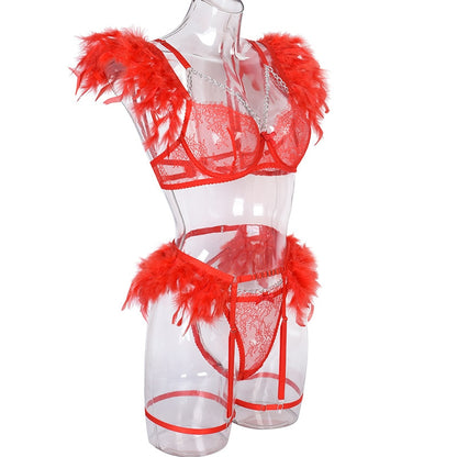 Lencería de plumas, ropa interior Sexy para mujer, sujetador transparente, cadena de Metal, encaje, conjunto de 3 piezas, íntimo de lujo