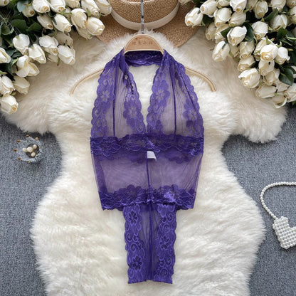 Wanita Transparente Blumen-Spitze-Bodysuits für Damen, Neckholder-Nachtwäsche, 2023, Damen, Mesh, rückenfrei, schiere Sexy Playsuits