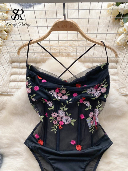 Women Lace Floral Embroidery Sensual Bodysuits Sleeveless Corset Mesh Slim Bodycon Top Open Crotch Backless Playsuits Wanita