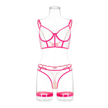 Neon Sexy Unterwäsche Frauen Körper Weibliche Dessous Sexy Kostüm Transparent BH Outfit 4-teilige Spitze Intim