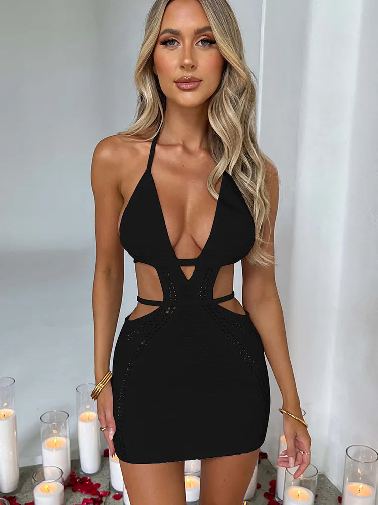 Mozision Aushöhlen Halter Sexy Mini Kleid Frauen Sommer Neue Ärmellose Backless Dünne Club Party Stricken Tank Kleid Vestido