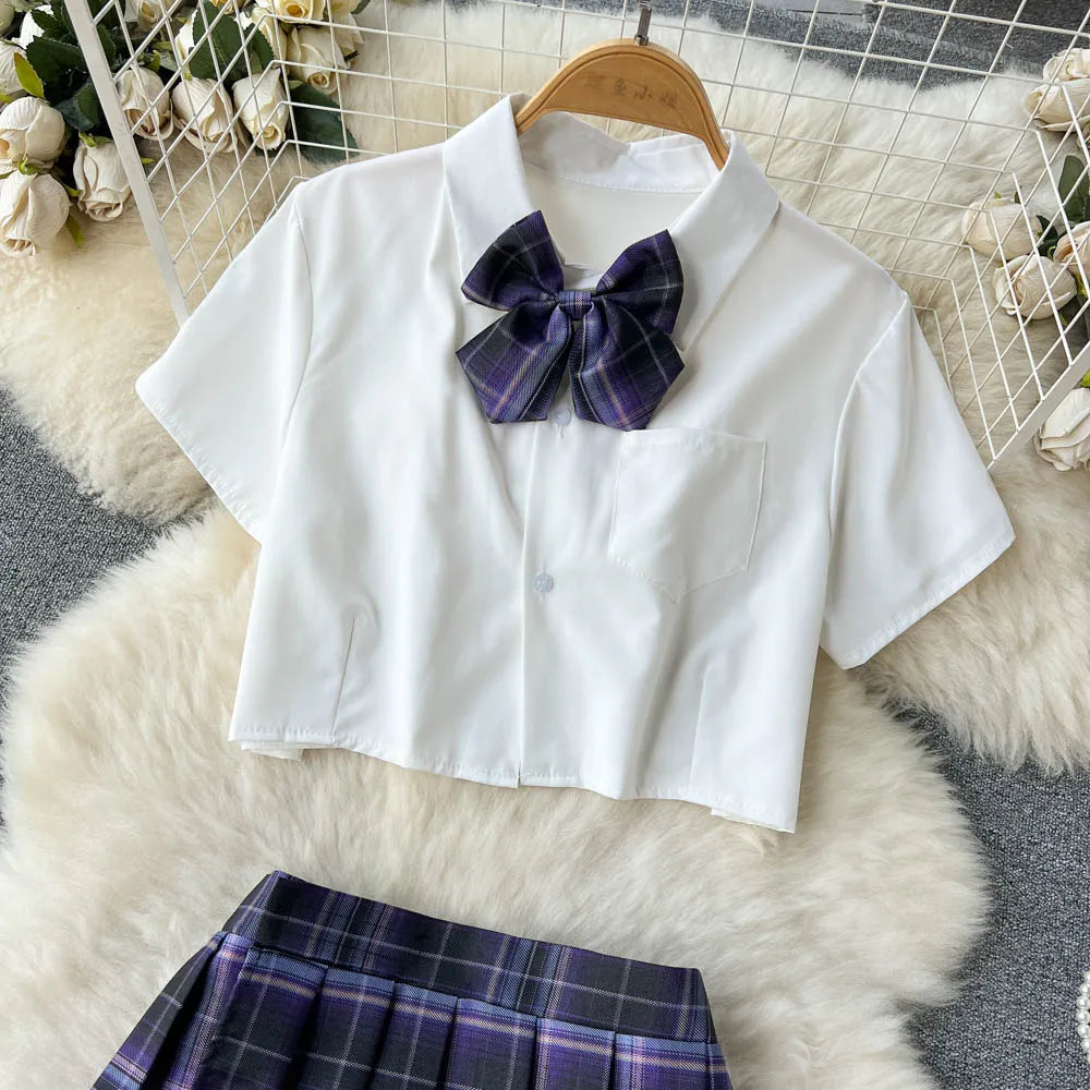 Cosplay   Outfit Women Lapel Neck Short Shirt+Plaid Mini Skirt+Thongs  2023 Preppy Style Sexy Nightwear Wanita