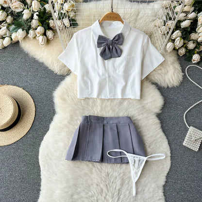 Cosplay   Outfit Women Lapel Neck Short Shirt+Plaid Mini Skirt+Thongs  2023 Preppy Style Sexy Nightwear Wanita