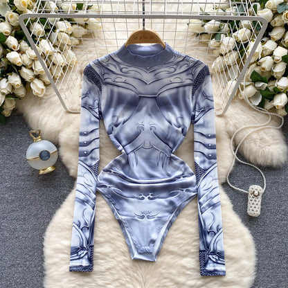 Sinnliche Hotsweet Drucken Playsuits Frauen Halb Hohen Kragen Lange Ärmeln Dünnes Streetwear 2023 Mode Sexy Schlank Bodys Wanita