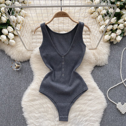 Solid Button Slim Bodysuits 2023 V Neck Sleeveless Open Crotch Sensual Top Ladies Fashion Bodycon Sexy Bodysuits Wanita