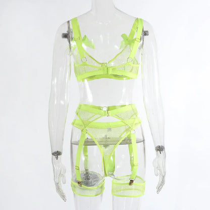 Sexy Neon-Dessous mit Socken, Spitze, Schleife, transparente Unterwäsche, durchsichtiges Netz, 5-teilig, heiße durchsichtige Sets