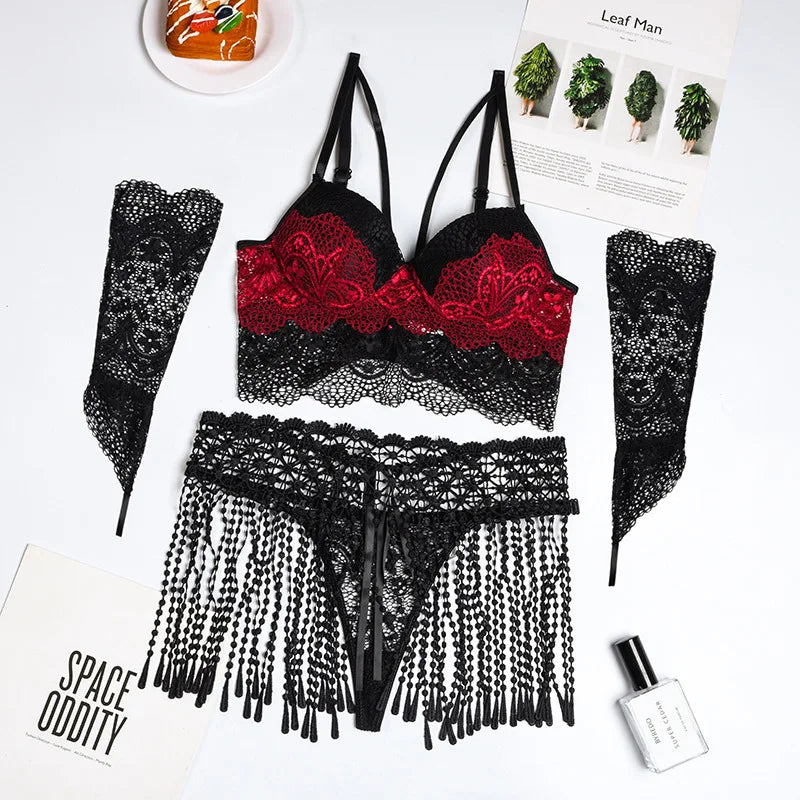 Wanita   Lace Lingerie Suits Tassels Sleepwear Strap Bra+Thongs Female Outfit 2023 Hollow Out Sexy Underwear Sets