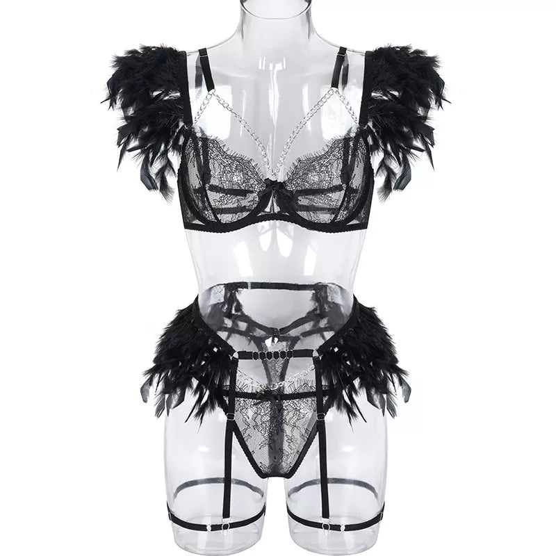 Feder-Dessous-Sets für Damen, luxuriös, mit Kette, G-String, feine Spitze, Unterwäsche-Set, BH-Outfit, transparent, intim