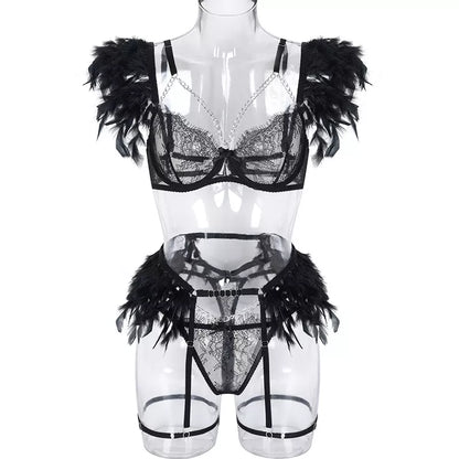 Feather Lingerie Sets for Women Luxury With Chain G-string Fine Lace Underwear Set Bra Outfit Transparent Intimate