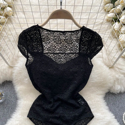 2023 frauen Sheer Spitze Playsuits Squre Neck Kurze Ärmel Bogen Hotsweet Schlank Strampler Mode Koreanische Sexy Strand Bodys Wanita