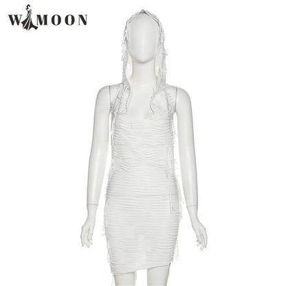 Solid Hooded Mini Dress Women Simple Sexy See Through  Sleeveless Body-shaping Robe Lady Hipster Club Party Streetwear