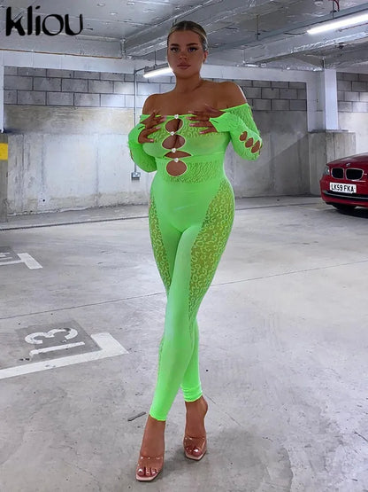 Kliou Sexy Hollow Out See Through Jumpsuits Women Solid Seductive Midnight Off Shoulder Long Sleeve Body-Shaping Clubwear Outfit