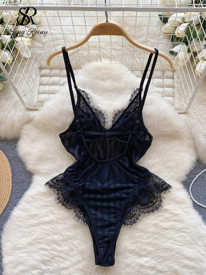 Sheer Mesh Lace Sexy Bodysuits New Women Sleeveless Sheath Underwear Sleepwear 2023 Transparent   Playsuits Wanita