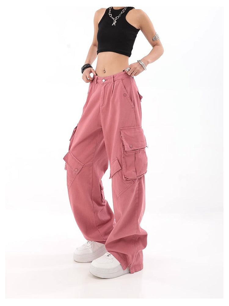 Pantalones Cargo rosas, ropa estilo informal, pantalones vaqueros rectos de cintura alta, moda Harajuku para mujer, pantalones vaqueros holgados de pierna ancha Y2K