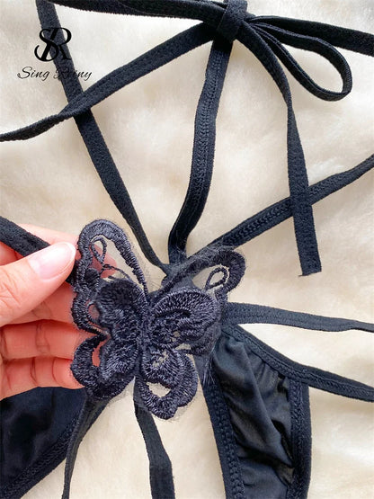 Monos sexys con abertura en la entrepierna para mujer, ropa de dormir con bordado de mariposa y cuello Halter, monos sensuales con espalda descubierta Wanita