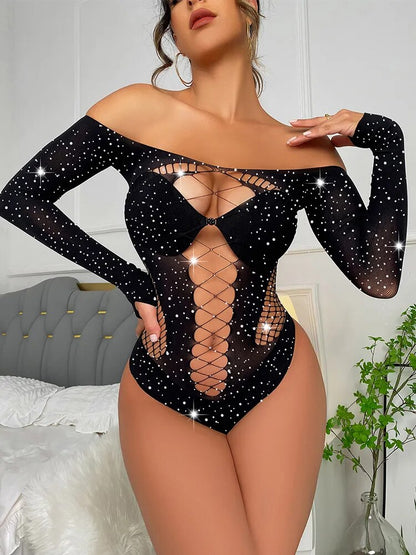 Mujeres Sexy Body Stocking Fishnet Ropa interior Vestido de diamantes de imitación Bodystocking Lencería sexy Babydoll Disfraces