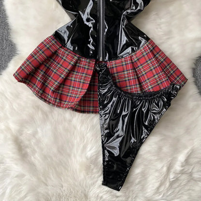 Strap PU Leather Sexy Dress Preppy Style Lace Up Backless Sensual Night Dress Plaid Cosplay   Mini Dress Wanita