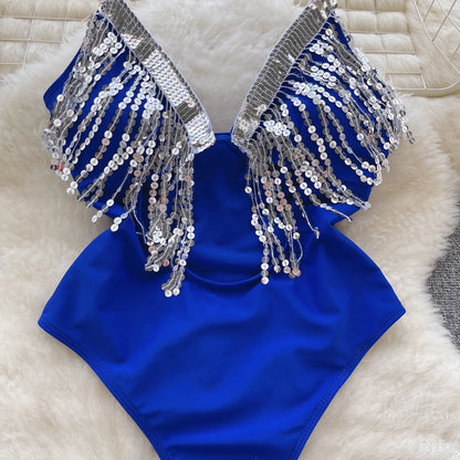 Sequins Shiny Slim Sexy Bodysuits Women Strap V Neck Backless Swimsuits 2023 Fashion Tassel  Sensual Playsuits Wanita