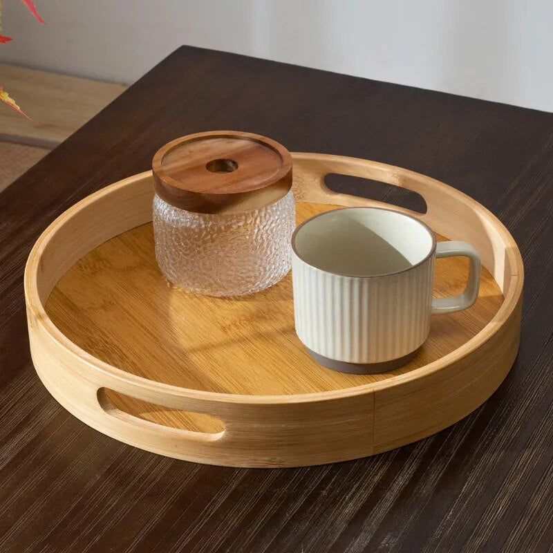 Multipurpose Round Rectangular Bamboo Wooden Serving Tray Household Tea Coffee Trays Kitchen Storage Tray for Breakfast Food