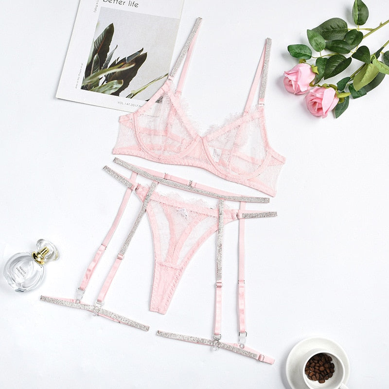 Strass Dessous schiere Spitze nahtlose BH Kit Push Up Sissy Unterwäsche transparente intime Luxus-Sets