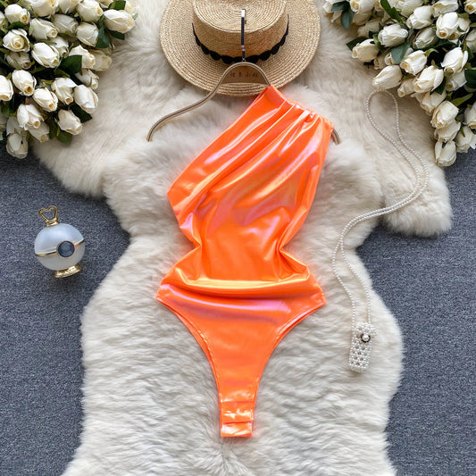 Wanita Sommer glänzende sexy Bodys von Off the Soulder, schlanker, rückenfreier, sinnlicher Bikini, modische Streetwear, solide Strand-Playsuits