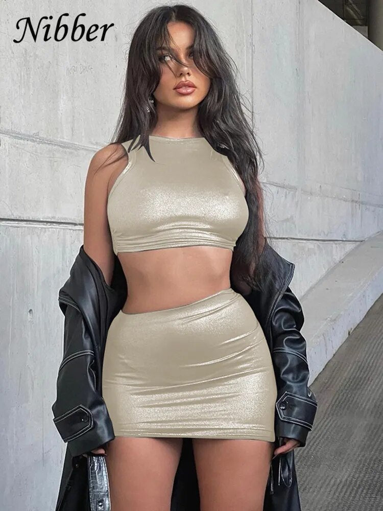 Nibber Solid Shinny Silky Two Piece Set Women Skinny Sleeveless Vest+ Sexy Drawstring Hip warps Skirt Streetwear Casual Clothing