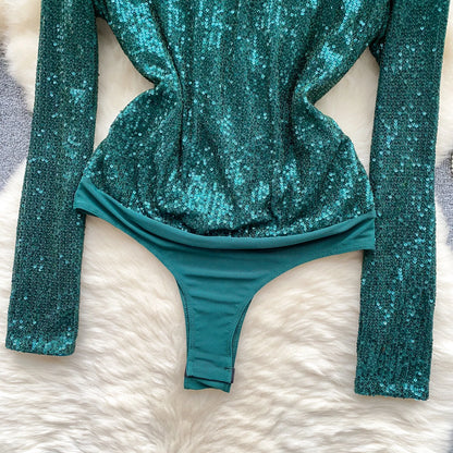 Senior Women Sheath Sexy Bodysuits Long Sleeved Backless Open Crotch Shapewear 2023 Fashion Sequins Night Club Outfit Wanita