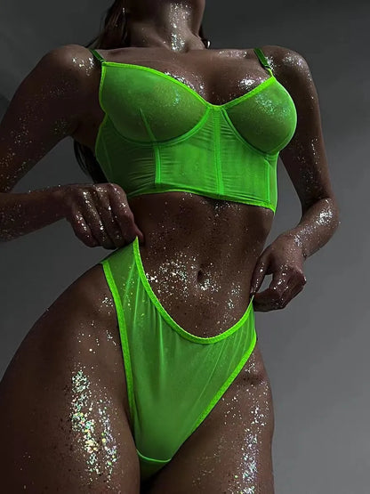 Lencería Sexy para mujer, ropa interior femenina verde neón, conjunto de sujetador y bragas íntimos para mujer, traje transparente de encaje de 2 piezas