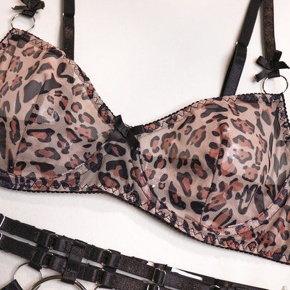 Leoparden-Dessous, sexy, ausgefallene Unterwäsche, transparente BH-Anzüge, 5-teilige sinnliche, intime, luxuriöse Spitzen-Slip-Sets