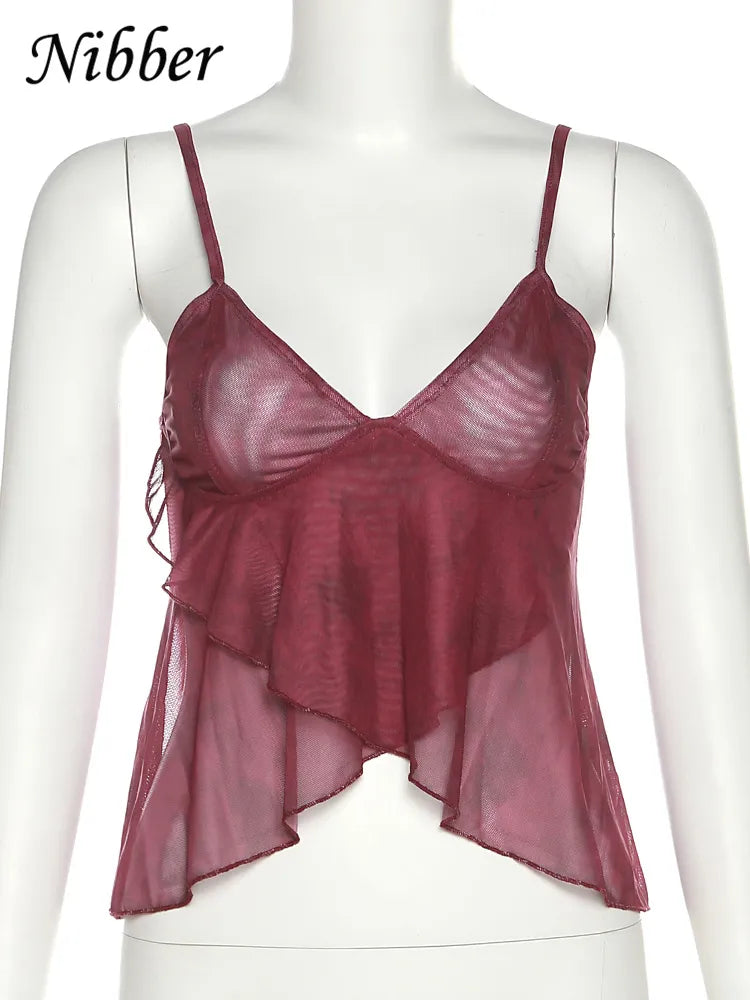 Chaleco estampado transparente de malla para mujer, camisola Sexy informal con cuello en V sin mangas y tirantes, camiseta sin mangas de retazos, parte de arriba, ropa informal