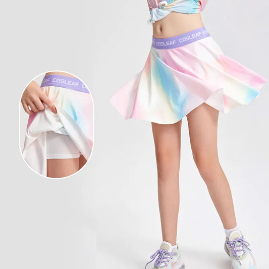 Kids Girls Summer Tie Dye Print Sports Running Skorts Double Layers Athletic Workout Mini Skirts For Student Gym Tennis Dance