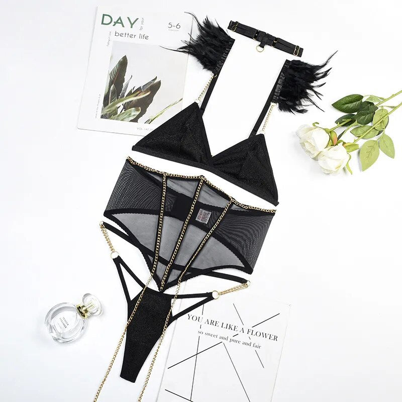 Zarte Dessous Feder BH Strumpfband mit Kette 4-teilige sexy Spitzenunterwäsche sinnliche intime schwarze Sexy Outfits