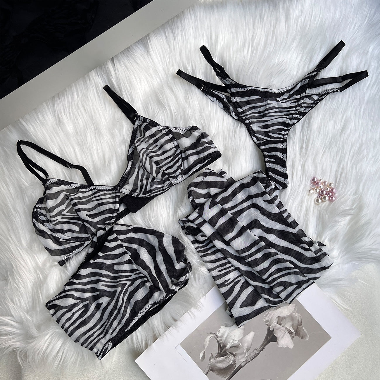 Zebra Lingerie For Full Crop Top Tight Outfit Transparent Sheer Lace Seamless Intimate G-String Briefs Sets