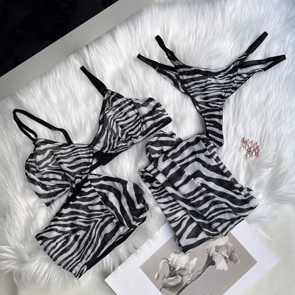 Zebra-Dessous für volles Crop-Top, enges Outfit, transparente transparente Spitze, nahtlose Intim-String-Slip-Sets