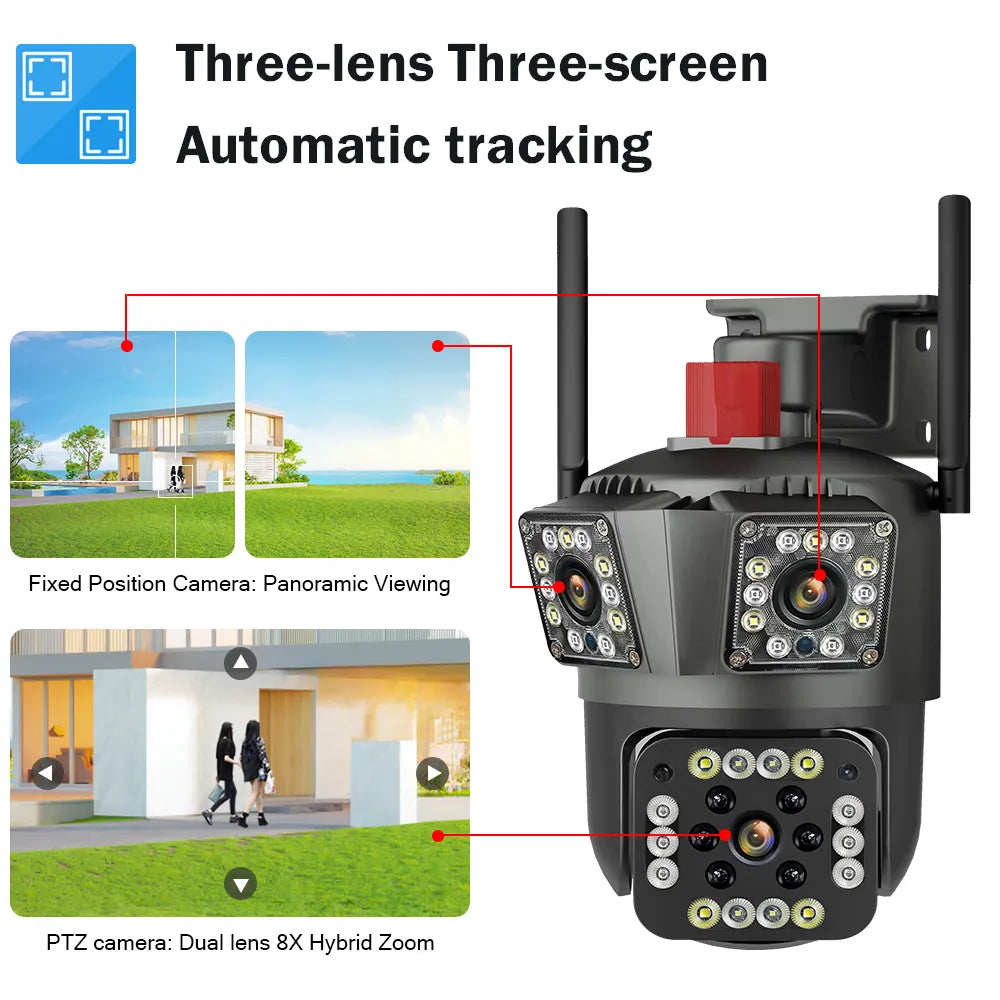 HD 8MP PTZ WiFi 4K cámara de pantalla de doble lente 6K 12MP tres pantallas protección de seguridad detección de movimiento IP CCTV Survalance al aire libre