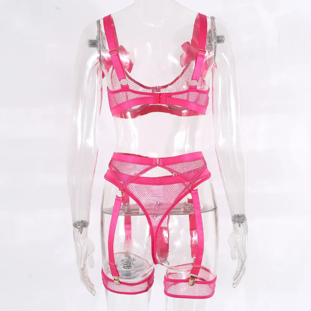 Sexy Neon-Dessous mit Socken, Spitze, Schleife, transparente Unterwäsche, durchsichtiges Netz, 5-teilig, heiße durchsichtige Sets