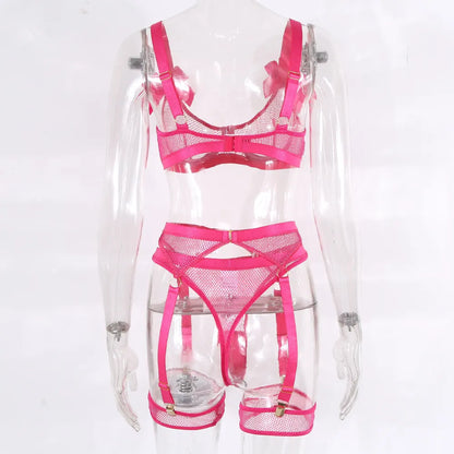 Sexy Neon-Dessous mit Socken, Spitze, Schleife, transparente Unterwäsche, durchsichtiges Netz, 5-teilig, heiße durchsichtige Sets