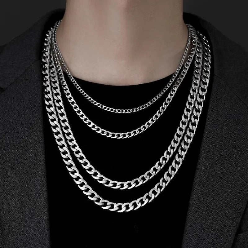 Edelstahl-Halskette, lang, Hip Hop, für Damen und Herren, am Hals, Modeschmuck, Geschenk, Accessoires, silberfarbenes Halsband