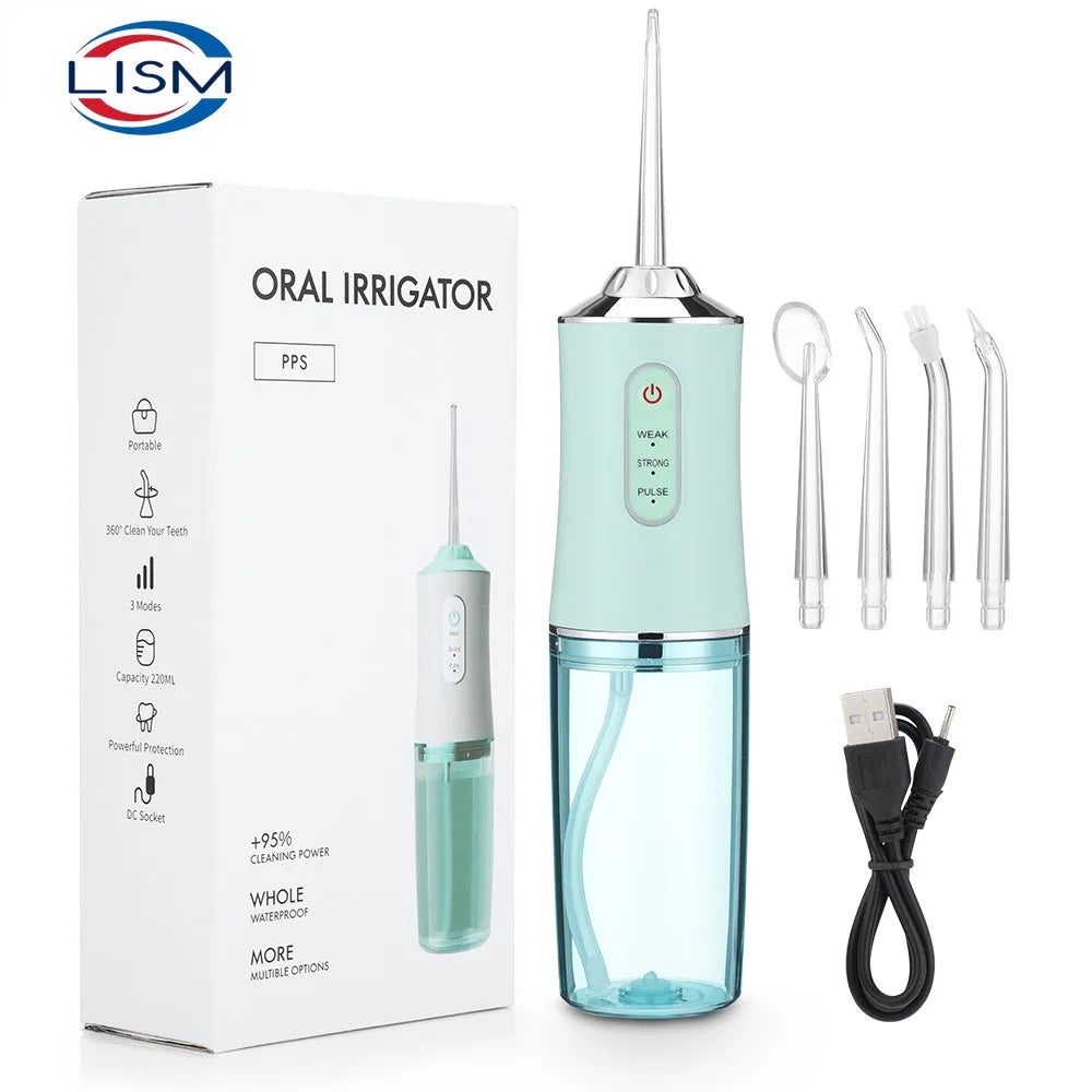 Munddusche, tragbare Dental-Wasserflosser, wiederaufladbarer USB-Wasserstrahl, Zahnseide, Zahnstocher, 4 Düsenspitzen, 220 ml, 3 Modi, IPX7, 1400 U/min