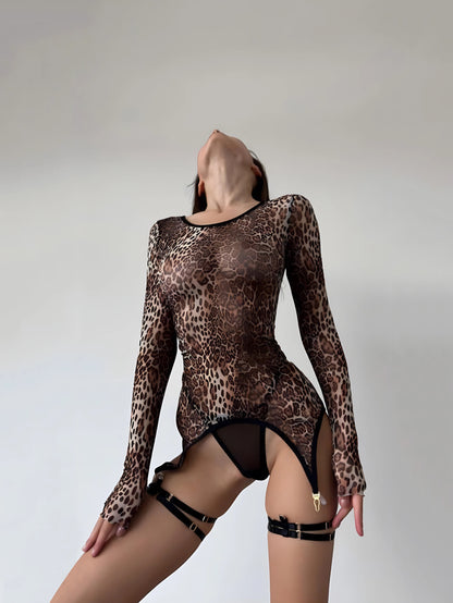 Traje de cuerpo de leopardo, body Sexy con estampado de animales, Tops ajustados de manga larga, Body de fantasía, traje de encaje rizado Sissy 2023