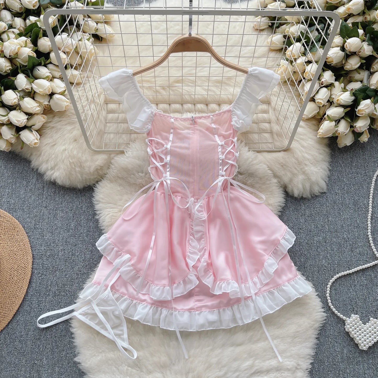 Lace Up Sweet Cosplay Sensual Mini Dress Women Strap Ruffles Nightwear+Thongs 2023  Sexy Sheer Nightdress Wanita