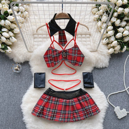 Plaid   Nightwear Two Pieces Set Women Backless Mini Camis+ Short Skirt Preppy Cosplay Sexy Underwear Suits Wanita