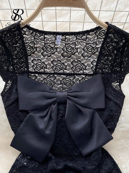 2023 Women Sheer Lace Playsuits Squre Neck Short Sleeves Bow Hotsweet Slim Rompers Fashion Korean Sexy Beach Bodysuits Wanita