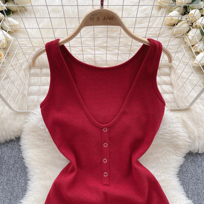 Solid Button Slim Bodysuits 2023 V Neck Sleeveless Open Crotch Sensual Top Ladies Fashion Bodycon Sexy Bodysuits Wanita