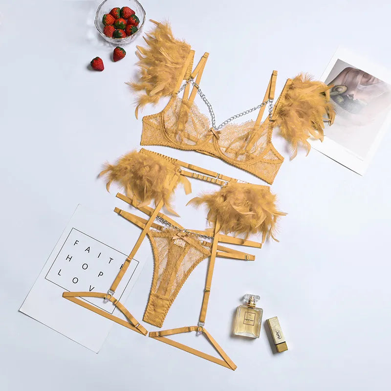 Feder-Dessous-Sets für Damen, luxuriöses G-String-Spitzenunterwäsche-Set, sexy BH und Höschen-Set mit Kettenstrumpfband, Intim