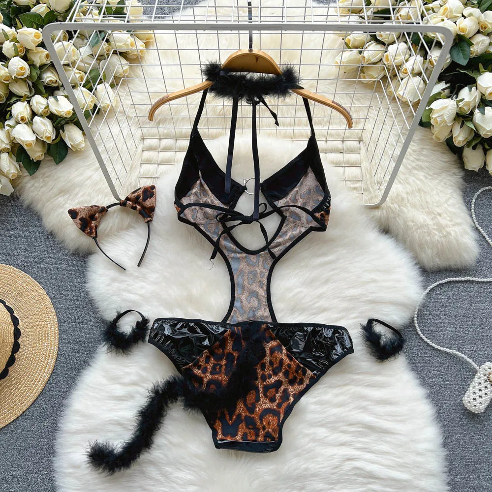 Monos sexys de cuero de leopardo para mujer, ropa de dormir ajustada con cuello Halter, monos de Cosplay coreanos con espalda descubierta Wanita